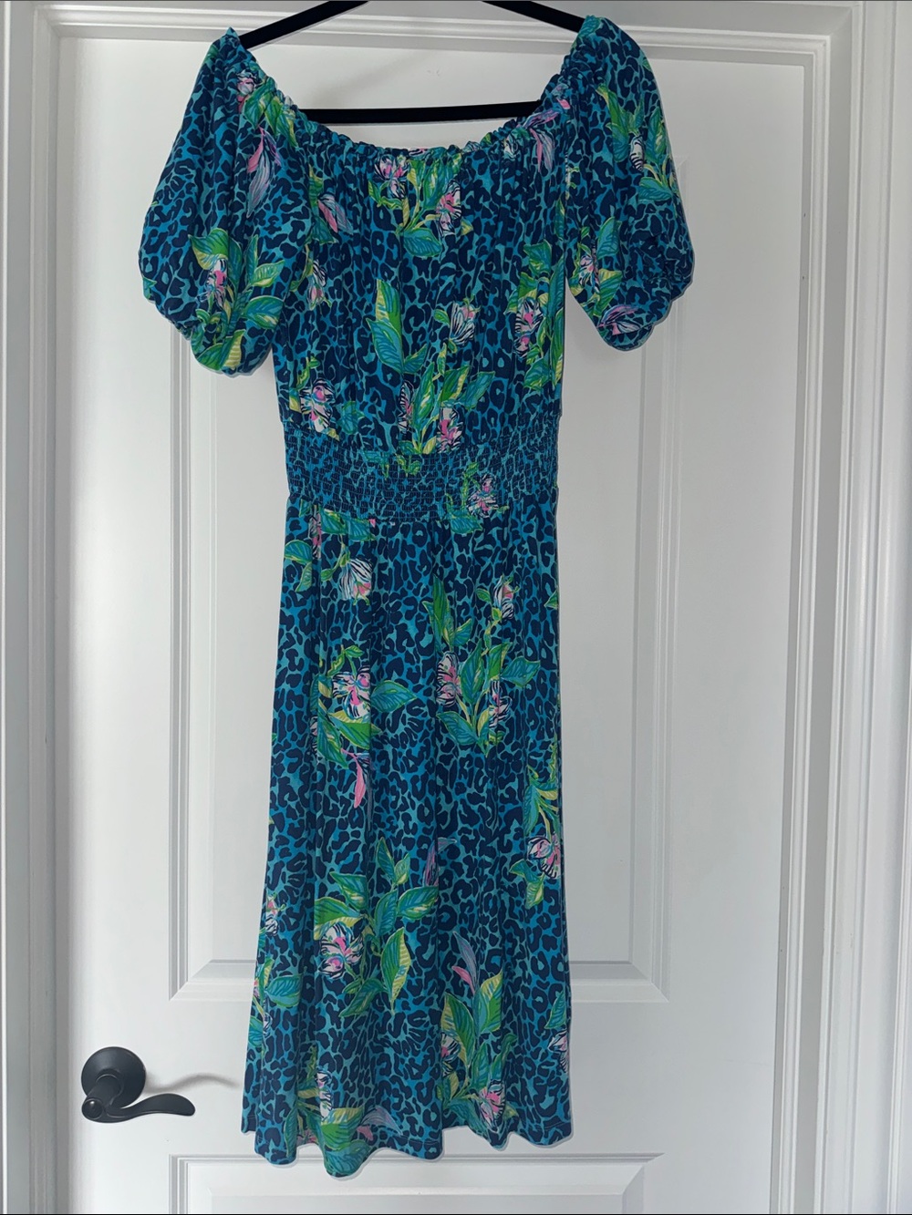 Lilly Pulitzer Teal Blue Floral Off-Shoulder Midi Dress